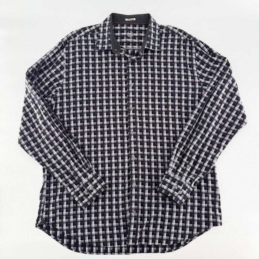 BUGATCHI UOMO Mens Long Sleeve Button Down Shirt Black White Plaid Shaped Fit